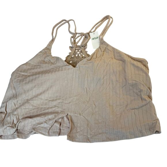 Aerie Ribbed Crop Top Bralette Sandalwood Lace Back Strappy NWT Medium - Picture 2 of 7